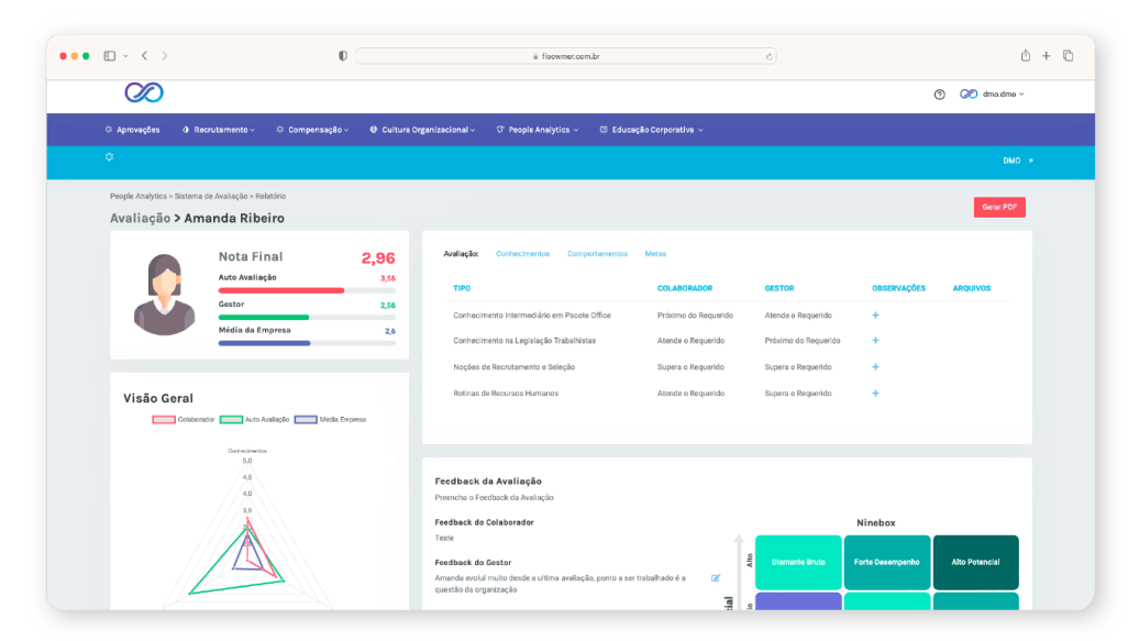 Tela de relatório de avaliação de desempenho com Nine Box na plataforma HR Floowmer